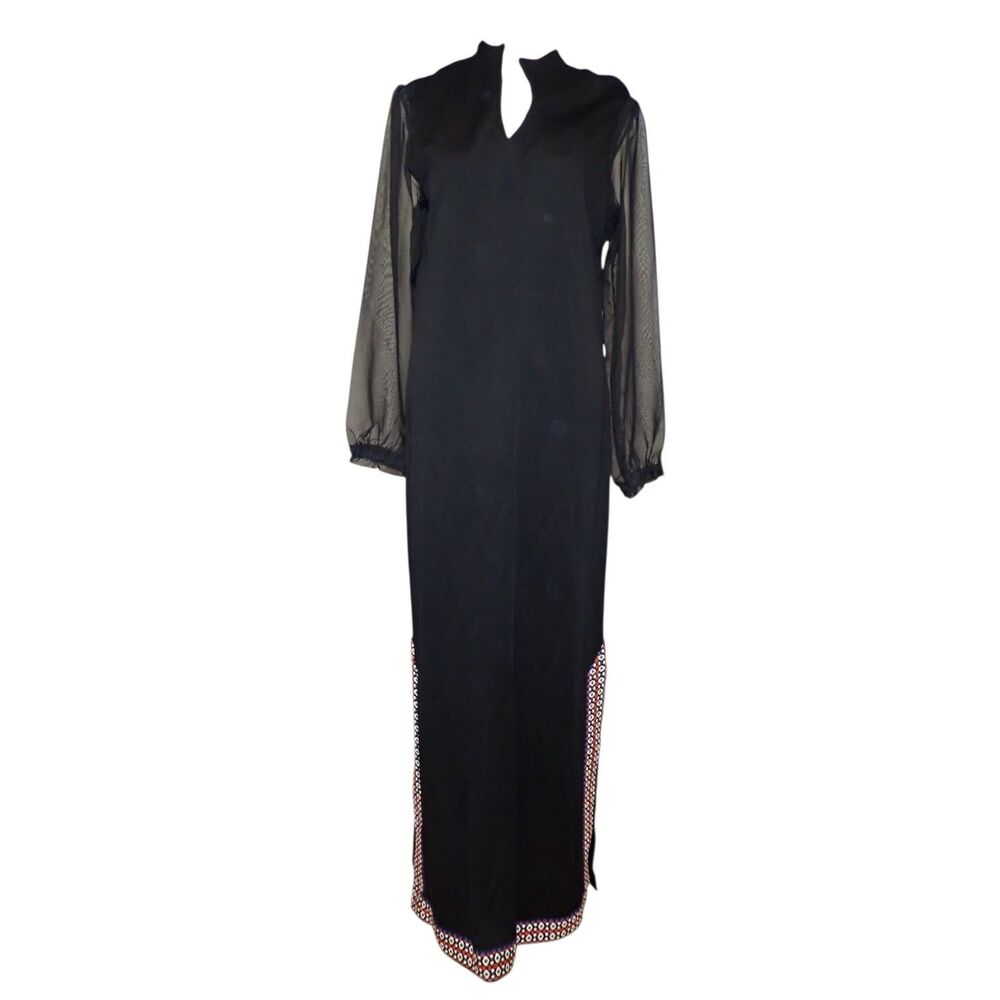 Vintage 60s George Small Mod Dress S Black Maxi Sheer Sleeves Embroidered Disco